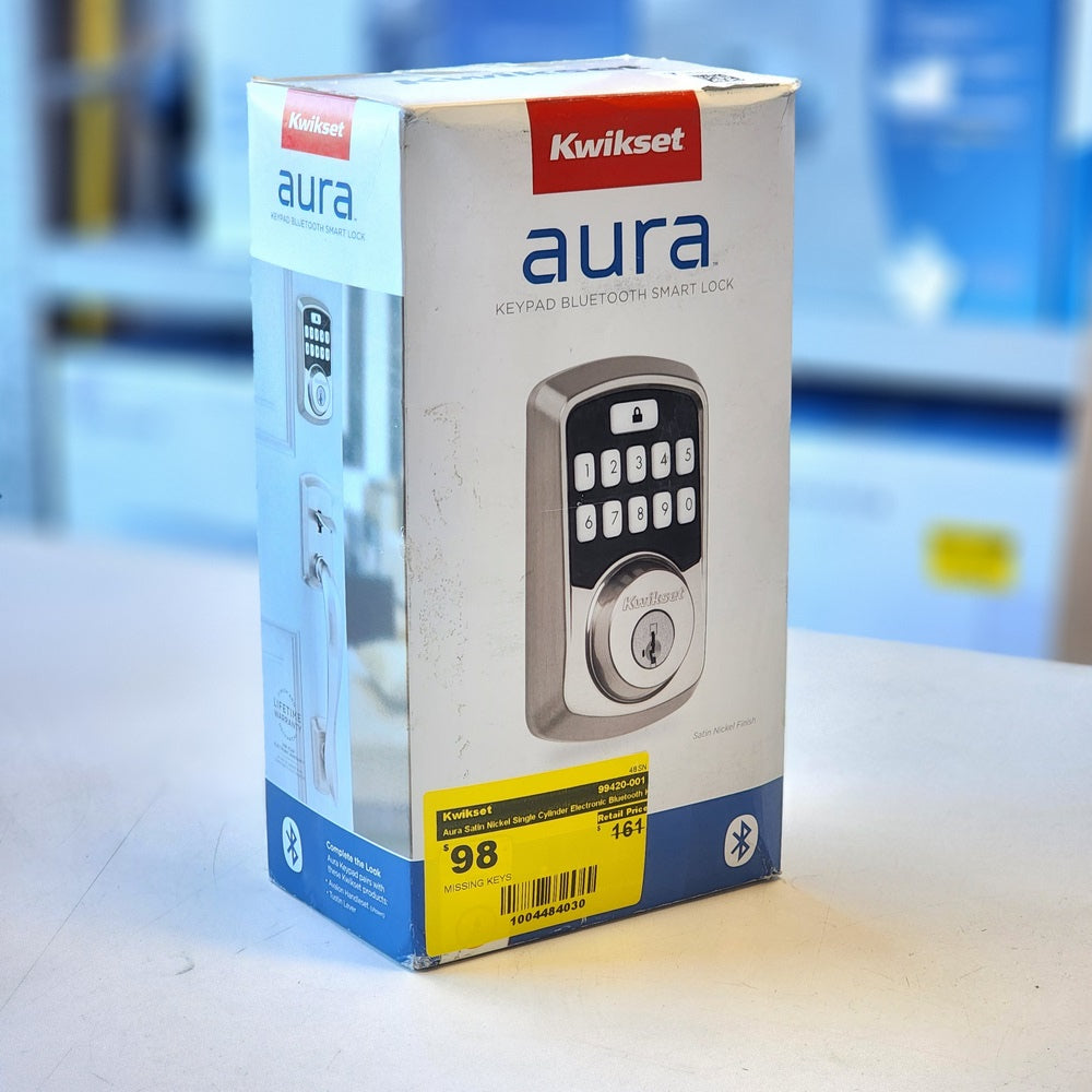 Aura Satin Nickel Single Cylinder Electronic Bluetooth Keypad Smart Lock Deadbolt featuring SmartKey Security (99420-001) Aura Satin Nickel Single Cylinder Electronic Bluetooth Keypad Smart Lock Deadbolt featuring SmartKey Security (99420-001)